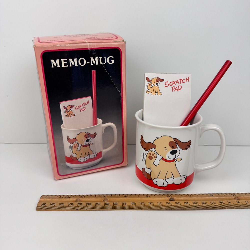 Vtg 80s Memo Ceramic Mug Dog Note Pad Pencil Funny w Original Box JSNY READ